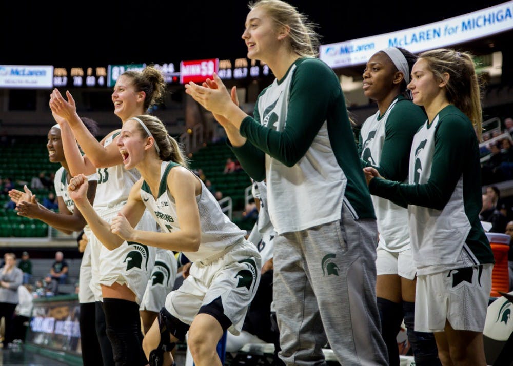 Spartans on the bench celebrate during the game against Minnesota on Jan. 9, 2019 at Breslin Center. The Spartans beat the Gophers, 86-68.