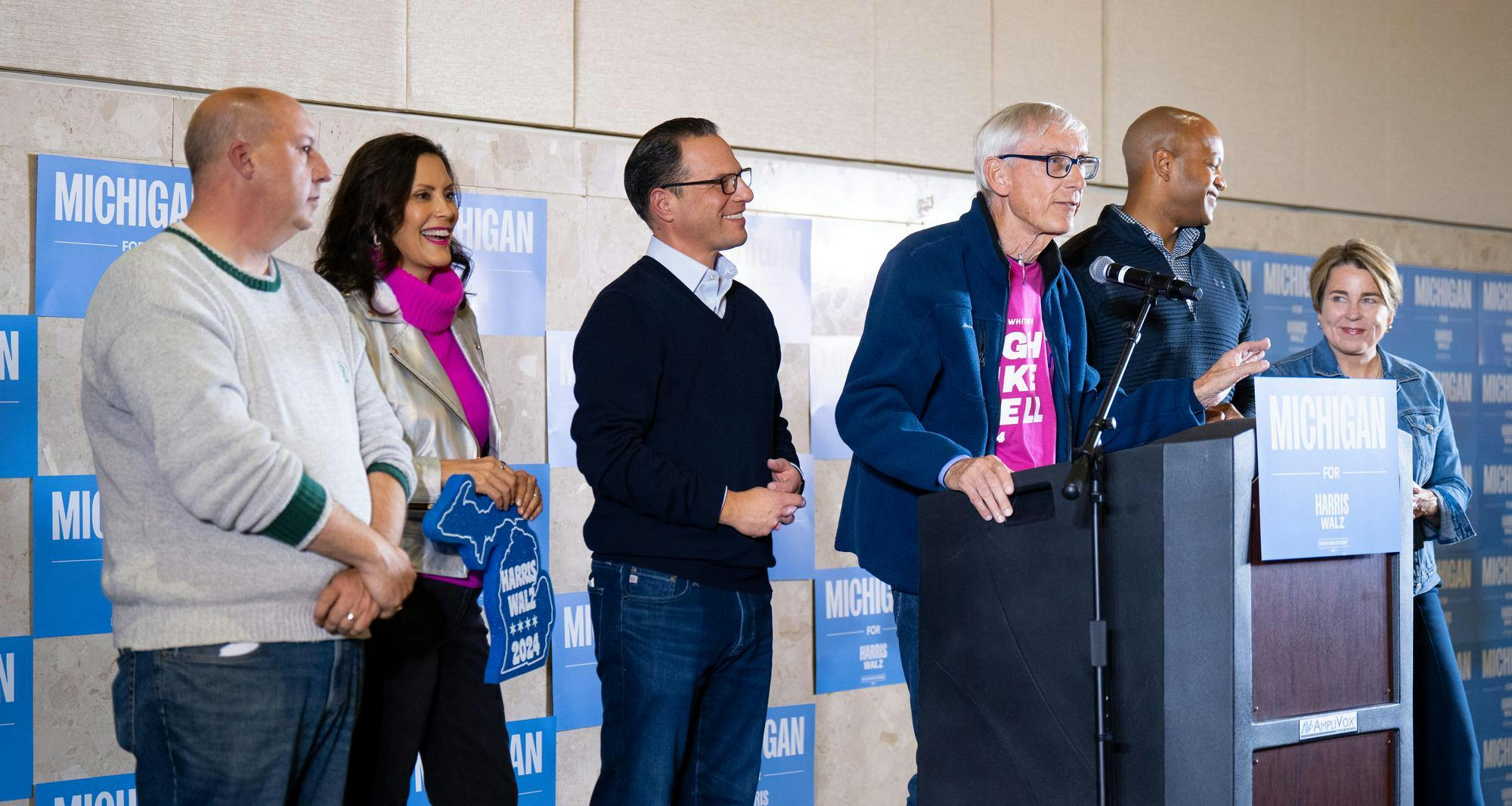 <p>Gov. Tony Evers speaks during the East Lansing stop of the "Blue Wall Bus Tour" on Oct. 17, 2024, in the MSU Union. "Blue Wall" governors Gretchen Whitmer (Michigan), Tony Evers (Wisconsin), and Josh Shapiro (Pennsylvania) kicked off the "Blue Wall Bus Tour" to engage voters in a three-state battleground tour.</p>