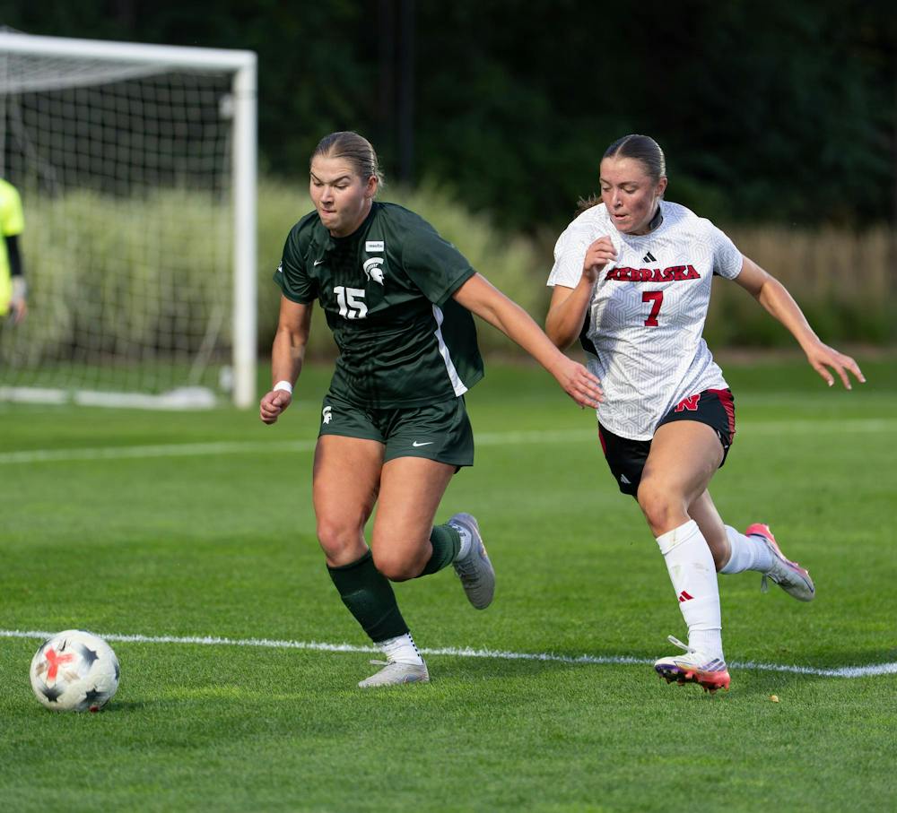 <p>Michigan State junior defender, Julia Belli (15) races a Nebraska player to the ball at DeMartin Stadium in East Lansing, Mich., on Thursday, Sept. 24, 2026.</p>