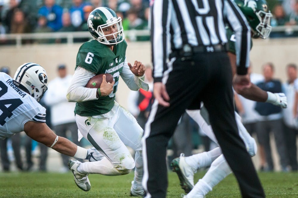 Junior quarterback Damion Terry (6) runs down the field during the game against Brigham Young University on Oct. 8, 2016 at Spartan Stadium. The Spartans were defeated by the Cougars, 31-14.