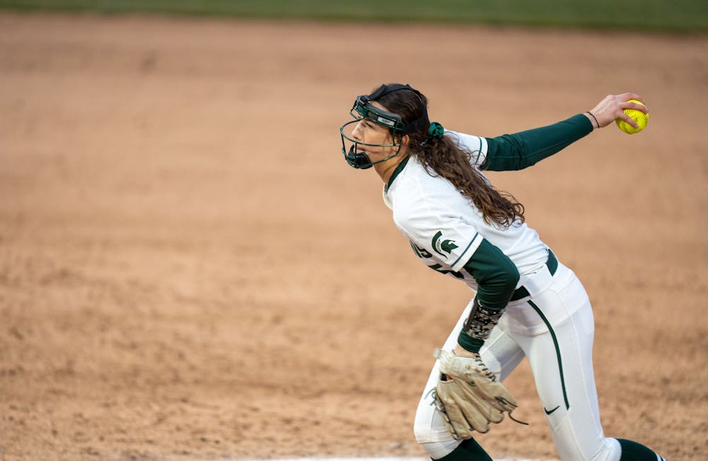 <p>Freshman Faith Guidry fires a pitch at Ohio State on April 1, 2022. Michigan State lost 3-0. </p>