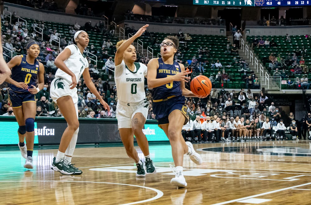 Michigan State's DeeDee Hagemann (0) defends against Notre Dame's Olivia Miles (5) during Michigan State's loss on Dec. 2, 2021.