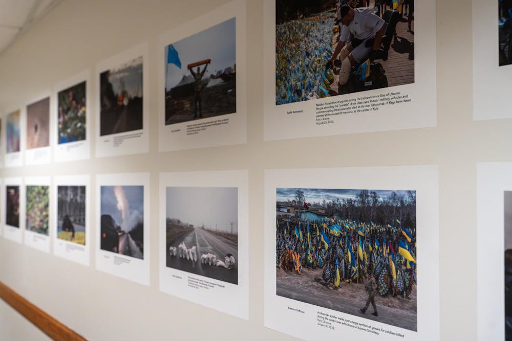 <p>Photographs at the "Ukraine: War and Resistance" photo exhibition inside MSU's Snyder Hall in East Lansing, Michigan, on Tuesday, Feb. 24, 2026.</p>