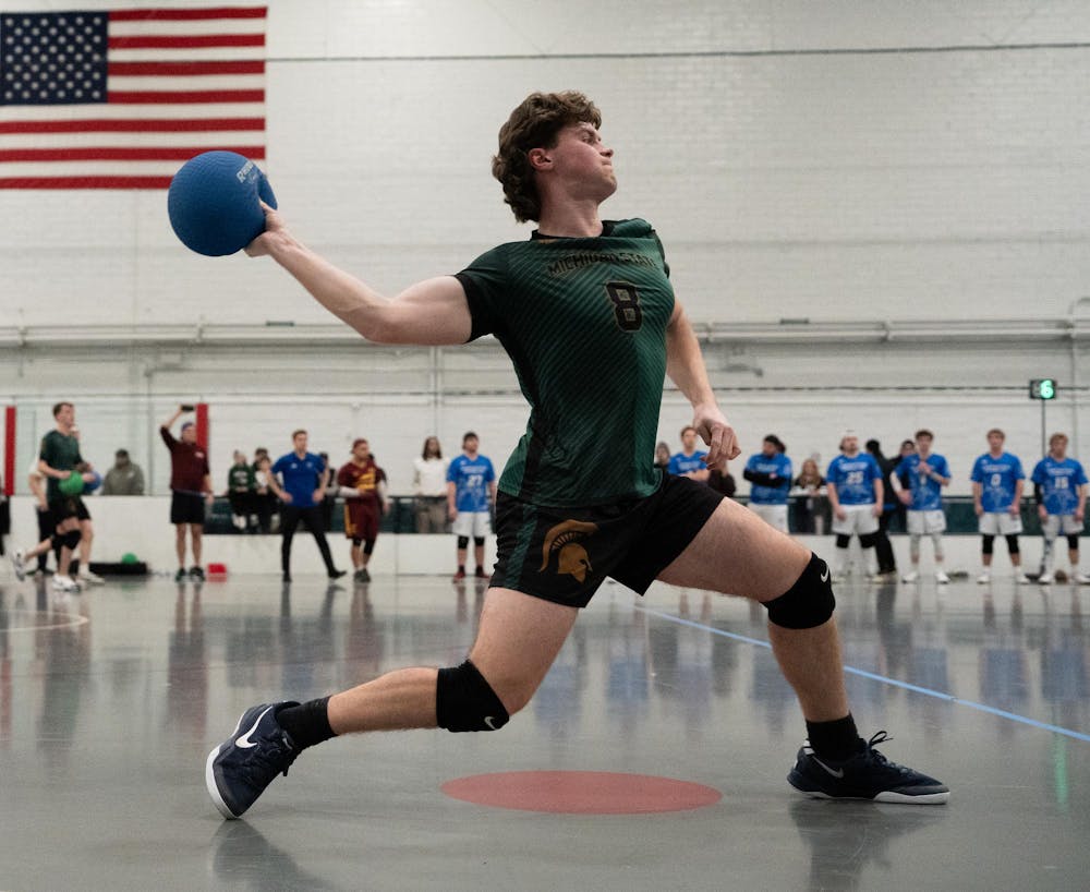 Junior Jack Krajewski (8) prepares to throw the ball against Grand Valley University during the 2026 Michigan Dodgeball Cup at Demonstration Hall on Feb. 21, 2026.