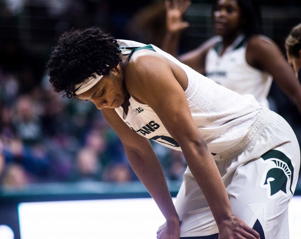 <p>Redshirt senior guard Branndais Agee (10) pauses during a break in the game against Iowa on Feb. 1, 2018, at the Breslin Center. The Spartans fell to the Hawkeyes, 71-68 in overtime. (State News | Annie Barker)</p>
<p><br></p>