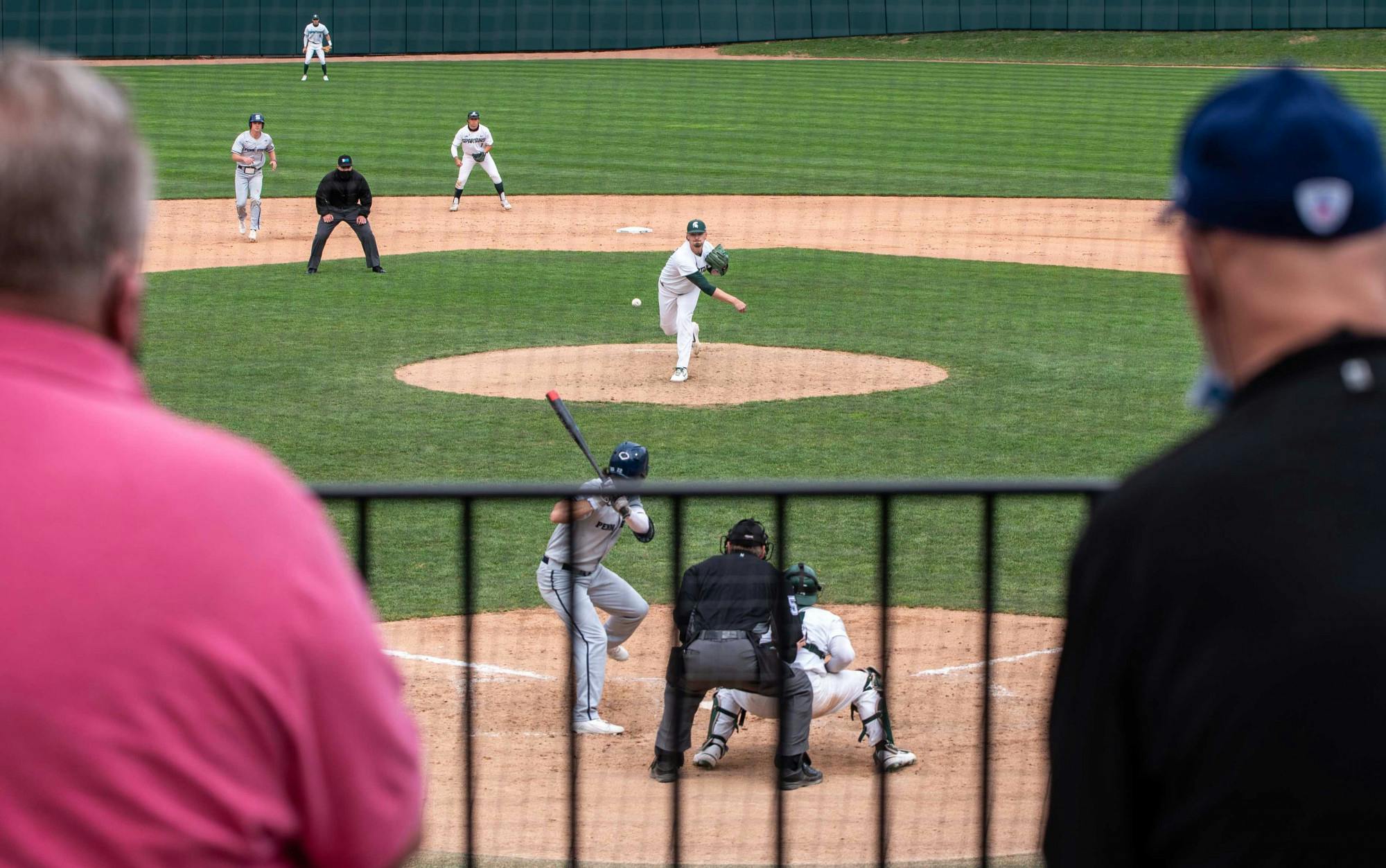 <p>Then-redshirt junior pitcher Mason Erla (30) throws a pitch for Penn State&#x27;s Johnny Piacentino in the fourth inning. The Spartans excelled against the Nittany Lions and won 7-4 at McLane Baseball Stadium on April 9, 2021.</p>