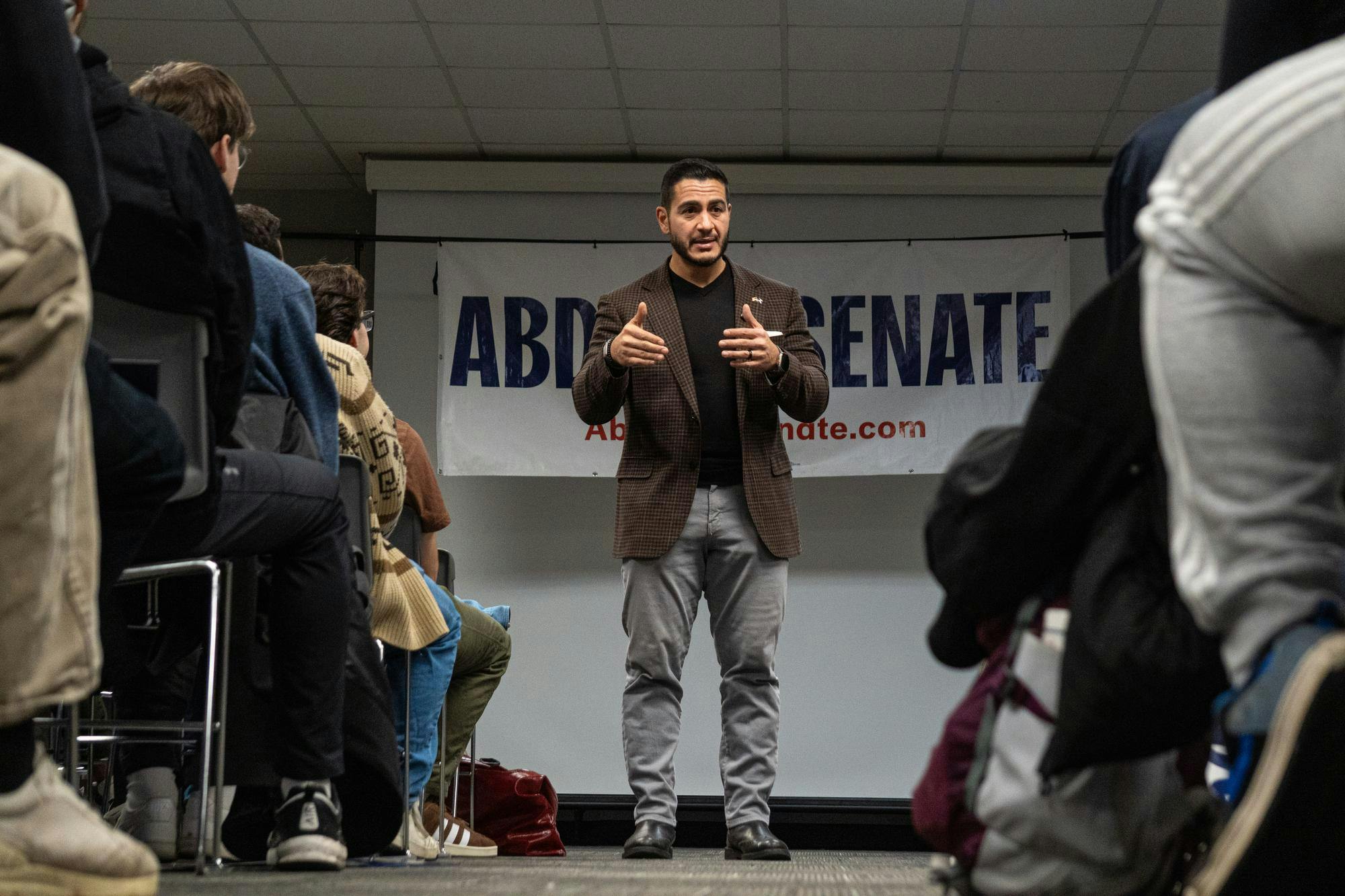 Politician Abdul El-Sayed speaks out to supporters during one of his senate campaign meetings held at Michigan State University's Wilson Hall on Tuesday, Nov. 18, 2025