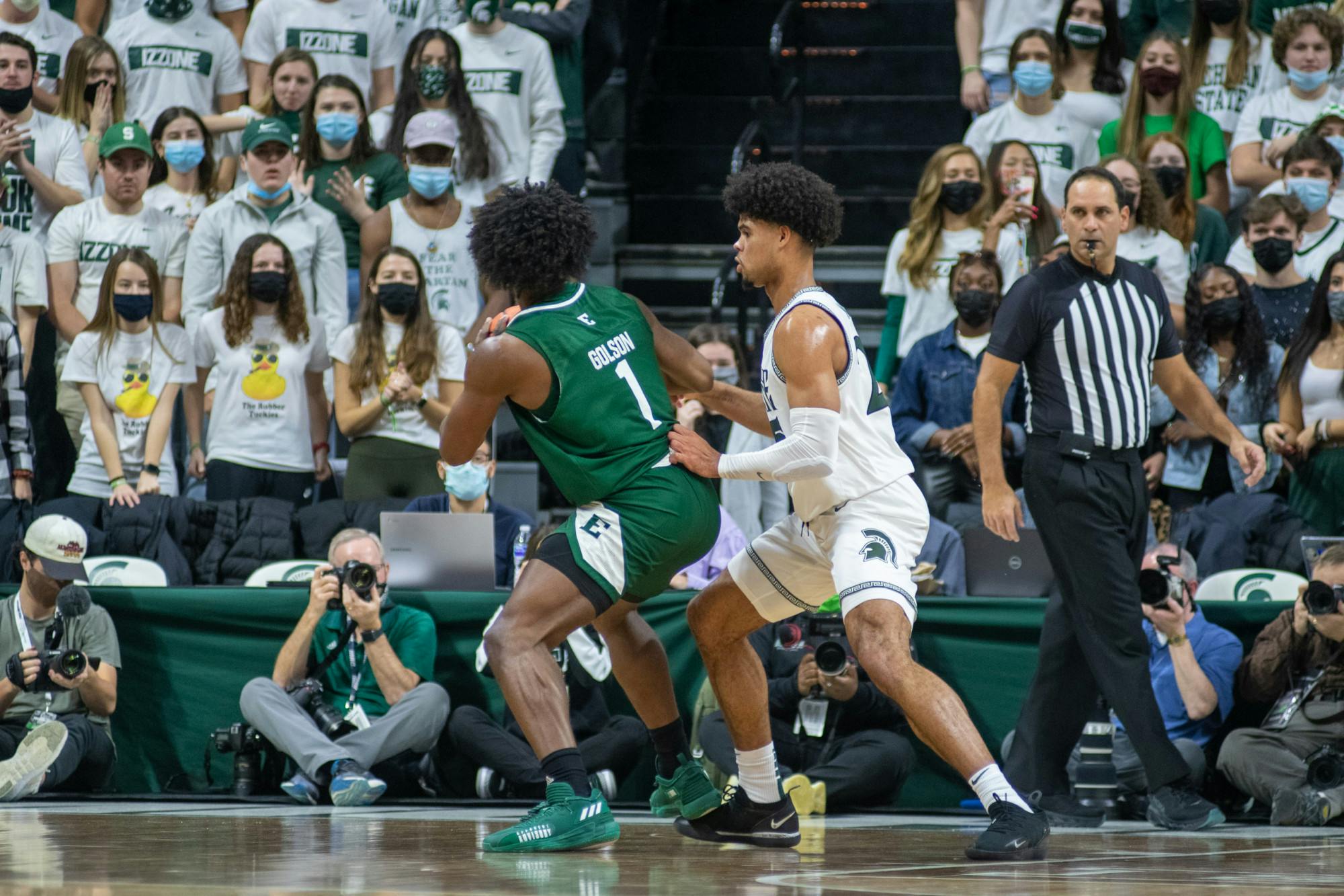 <p>Junior forward Malik Hall (25) plays defense against Eastern Michigan at the Breslin Center in East Lansing on Nov. 20, 2021.</p>