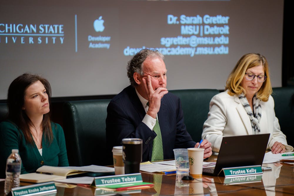 <p>Trustee Kelly listens to a presentation by Dr. Sarah Gretter during an MSU Board of Trustees meeting, held at the Hannah Administration Building on Feb. 10, 2023.</p>