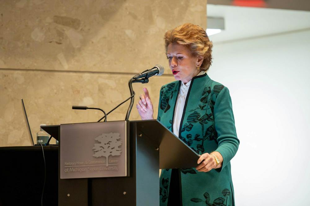 <p>Former U.S. Sen. Debbie Stabenow speaks during the Stuckman Lecture Series at the Kellogg Center in East Lansing, Mich., on Wednesday, Sept. 23, 2026. Stabenow discussed the future of food and farm policy during the lecture.</p>