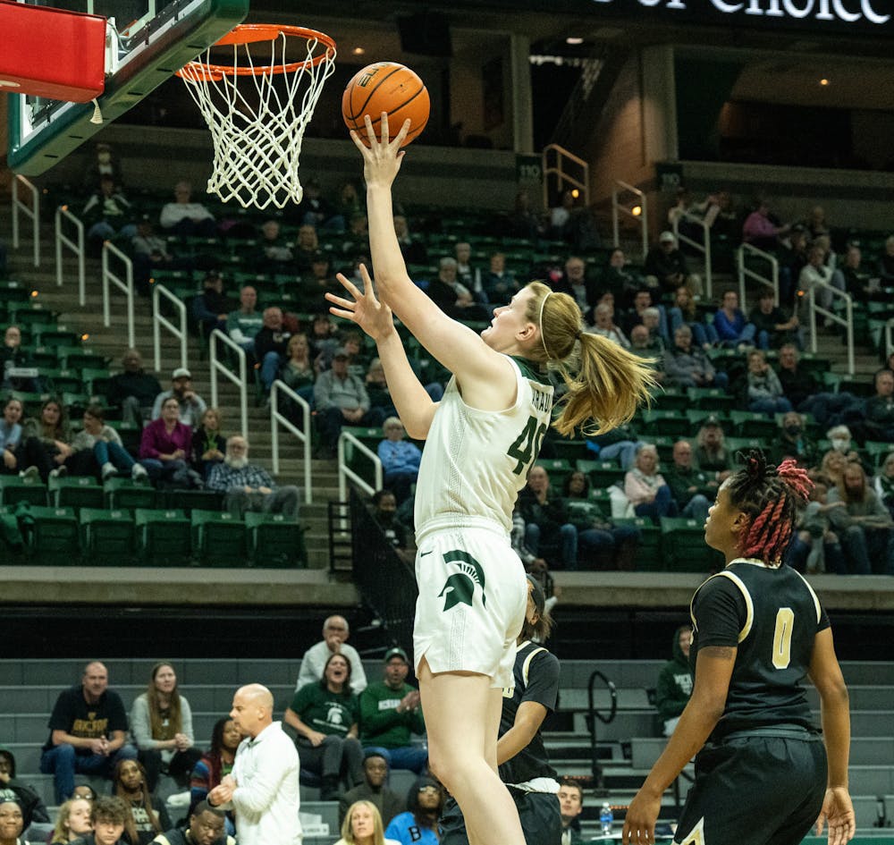 <p>Redshirt Junior guard Julia Ayrault (40) shoots a basket at the game against Oakland at the Breslin Center on Nov. 15, 2022. The Spartans defeated the Grizzlies 85-39. </p>