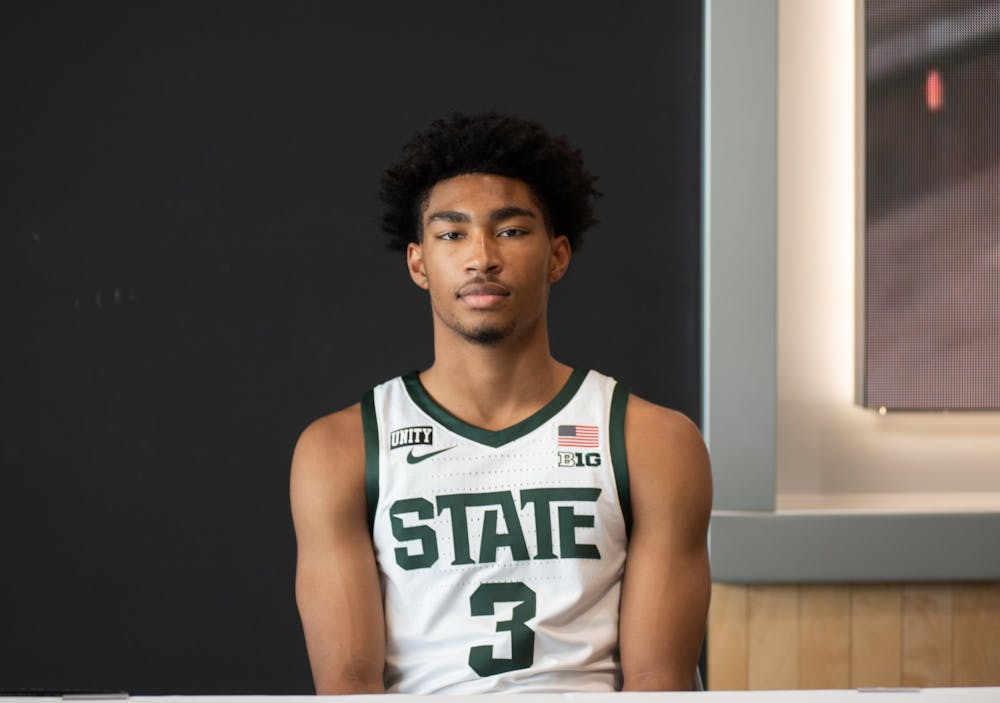 <p>Freshman Jaden Akins poses for a portrait at the Michigan State Men&#x27;s Basketball Media Day at the Breslin Center on Oct. 20, 2021.</p>