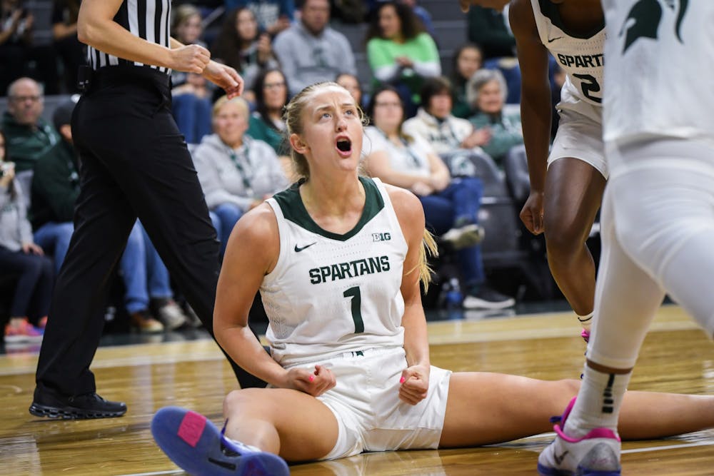 <p>Then-sophomore guard Tory Ozment celebrates after an and-one call during the women&#x27;s basketball game against Rutgers at the Breslin Center on Feb. 13, 2020. The Spartans ended a five-game losing streak and defeated the Scarlet Knights, 57-53. </p>
