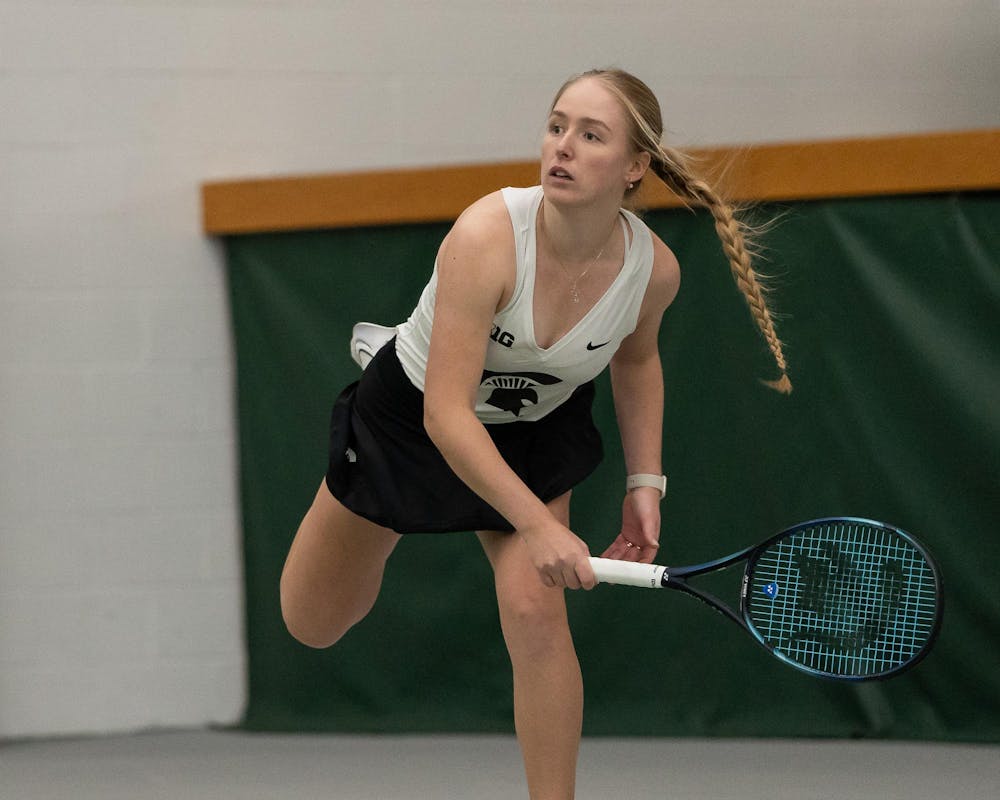 <p>MSU redshirt sophomore Hanna Tsitavets hits the ball against Xavier in their doubles match at the MSU Indoor Tennis Center on Jan. 24, 2025. Tsitavets went on to win the match six to four.</p>