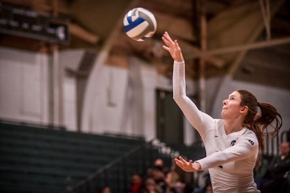 Redshirt senior outside hitter Autumn Bailey (2) serves the ball during the game against Northwestern on Nov. 11, 2017 at Jenison Fieldhouse. The Spartans defeated the Wildcats, 3-0. 