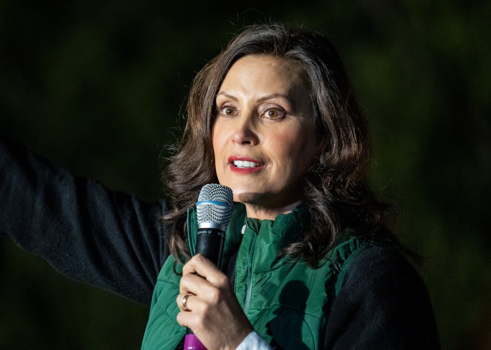 Gov. Gretchen Whitmer speaks out to the crowd at the Democratic GOTV Grand Finale Rally at MSU's Auditorium Field on Nov. 7, 2022. 