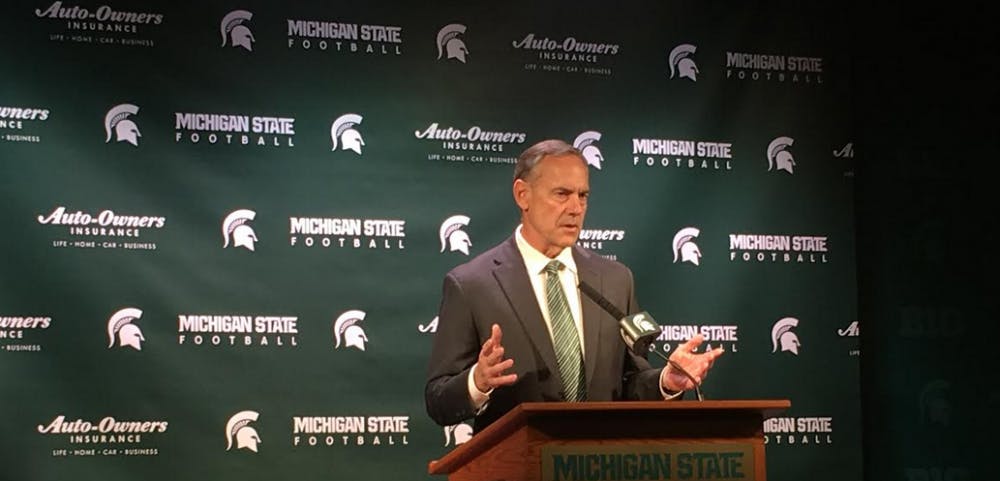 <p>MSU football head coach Mark Dantonio&nbsp;speaks during a press conference on March 28, 2017. This is the first time Dantonio spoke to the media since Feb. 1, 2017.&nbsp;</p>