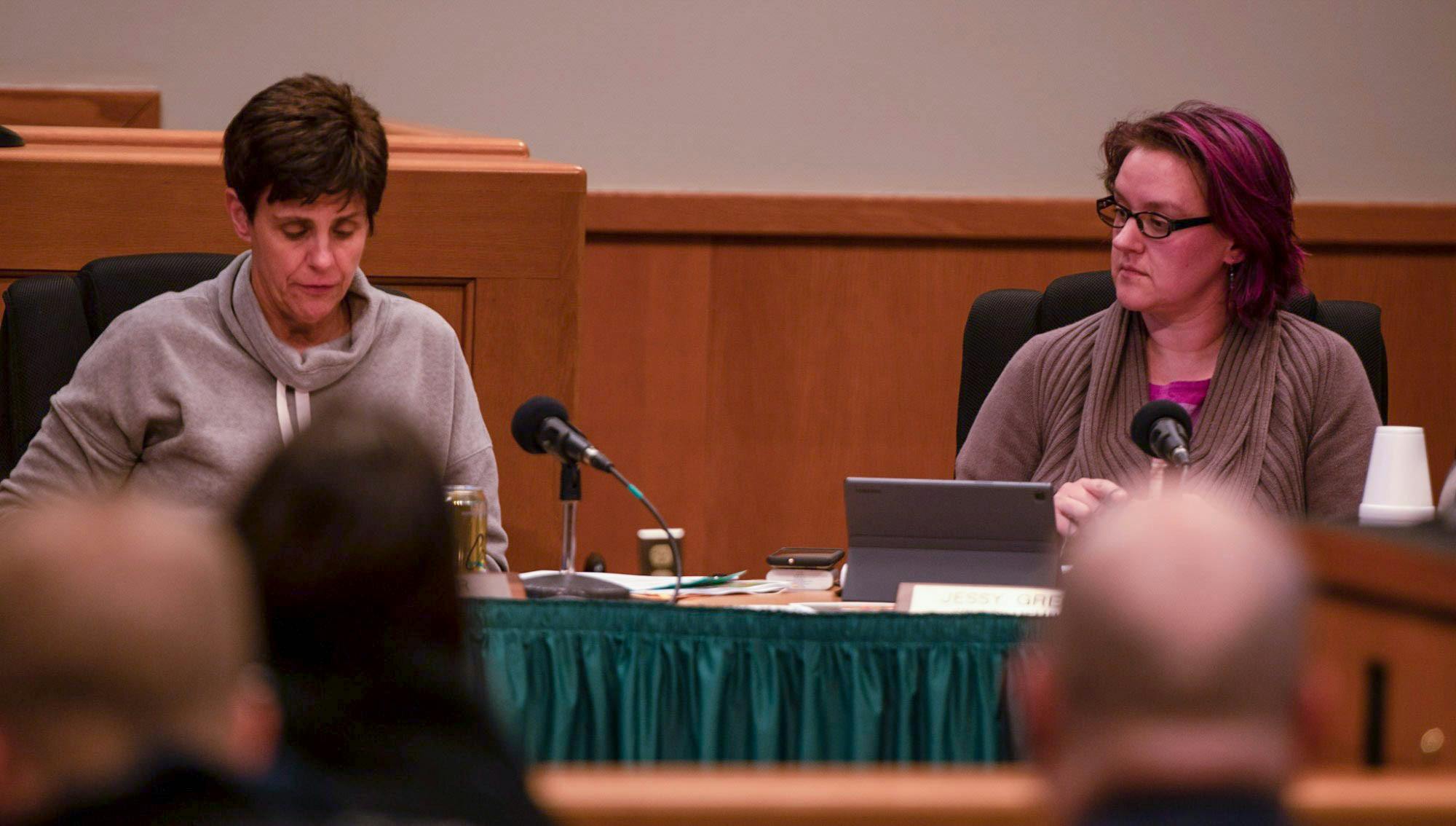 <p>Council Member Jessy Gregg listens as Mayor Ruth Beier addresses the audience during the City Council discussion-only meeting on Feb. 18, 2020.<br/><br/></p>