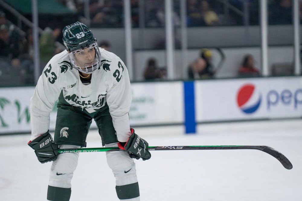 <p> MSU senior forward Jagger Joshua rests for a moment during a rival game against Michigan at Munn Ice Arena in East Lansing on Friday, Feb. 10, 2023. Joshua has recorded a total of 17 goals and 20 assists during his four years at MSU.</p>