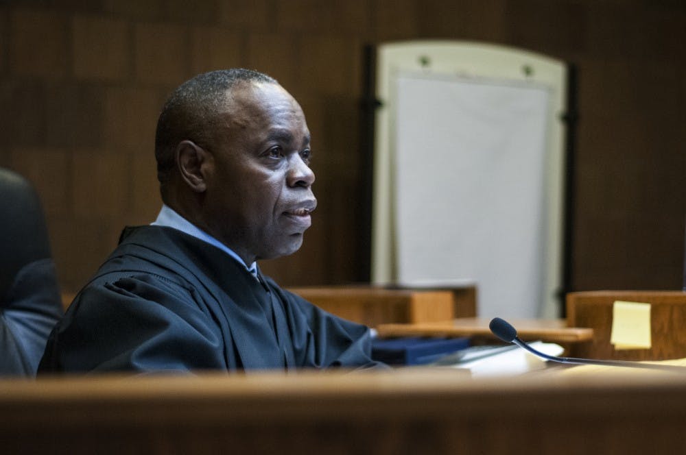 55th District Court Judge Donald L. Allen Jr. listens in before during a pretrial hearing begins on Feb. 17, 2017 at 55th District Court in Mason, Mich. The hearing occurred as a result of former MSU employee Larry Nassar's alleged sexual abuse.