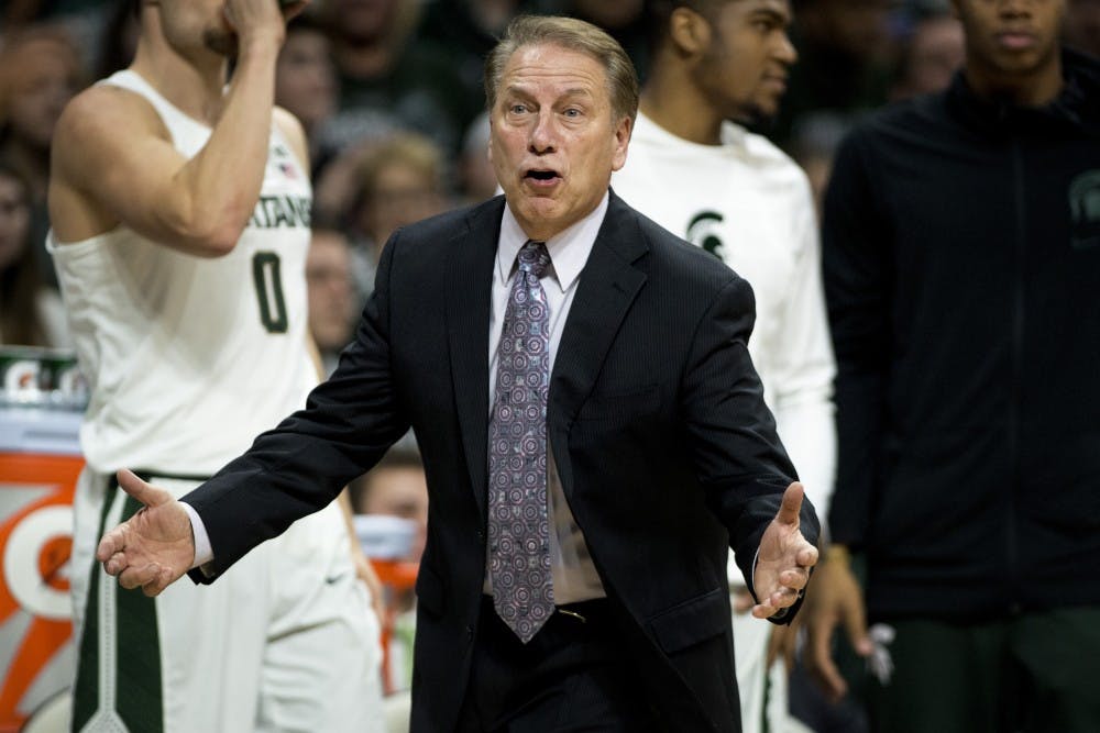 Head coach Tom Izzo yells at a referee after a play during the second half of the game against Northeastern on Dec. 18, 2016 at Breslin Center. The Spartans were defeated by the Huskies, 73-81. 