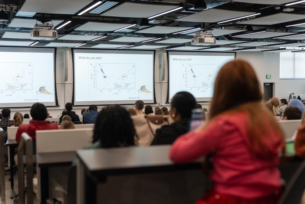 <p>Guests listen to a presentation during the Girls Math and Science Day event at the STEM Teaching and Learning Facility in East Lansing, Michigan on Saturday, March 14, 2026.</p>