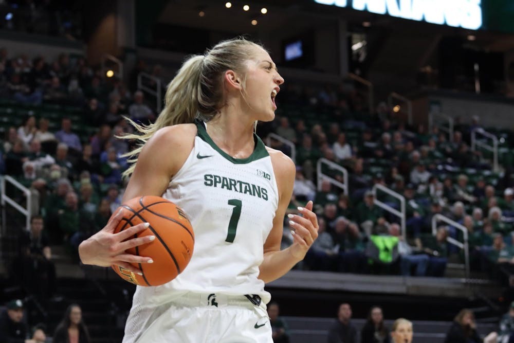 <p>Michigan State Women’s Basketball team takes on Purdue at the Breslin Center in East Lansing on Jan. 24, 2024. Ozment makes a call out to a teammate to make a successful pass and 2-pointer for MSU.</p>