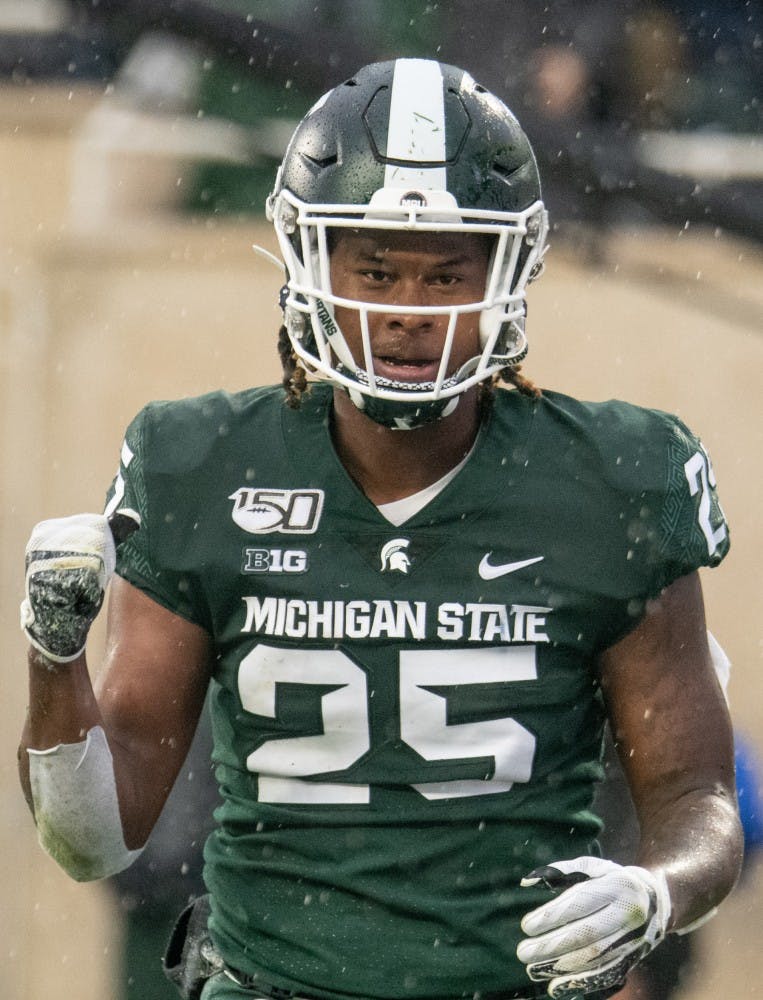 <p>Redshirt senior wide receiver Darrell Stewart (25) celebrates during the game against Penn State Oct. 26, 2019 at Spartan Stadium. The Spartans fell to the Nittany Lions, 28-7.</p>