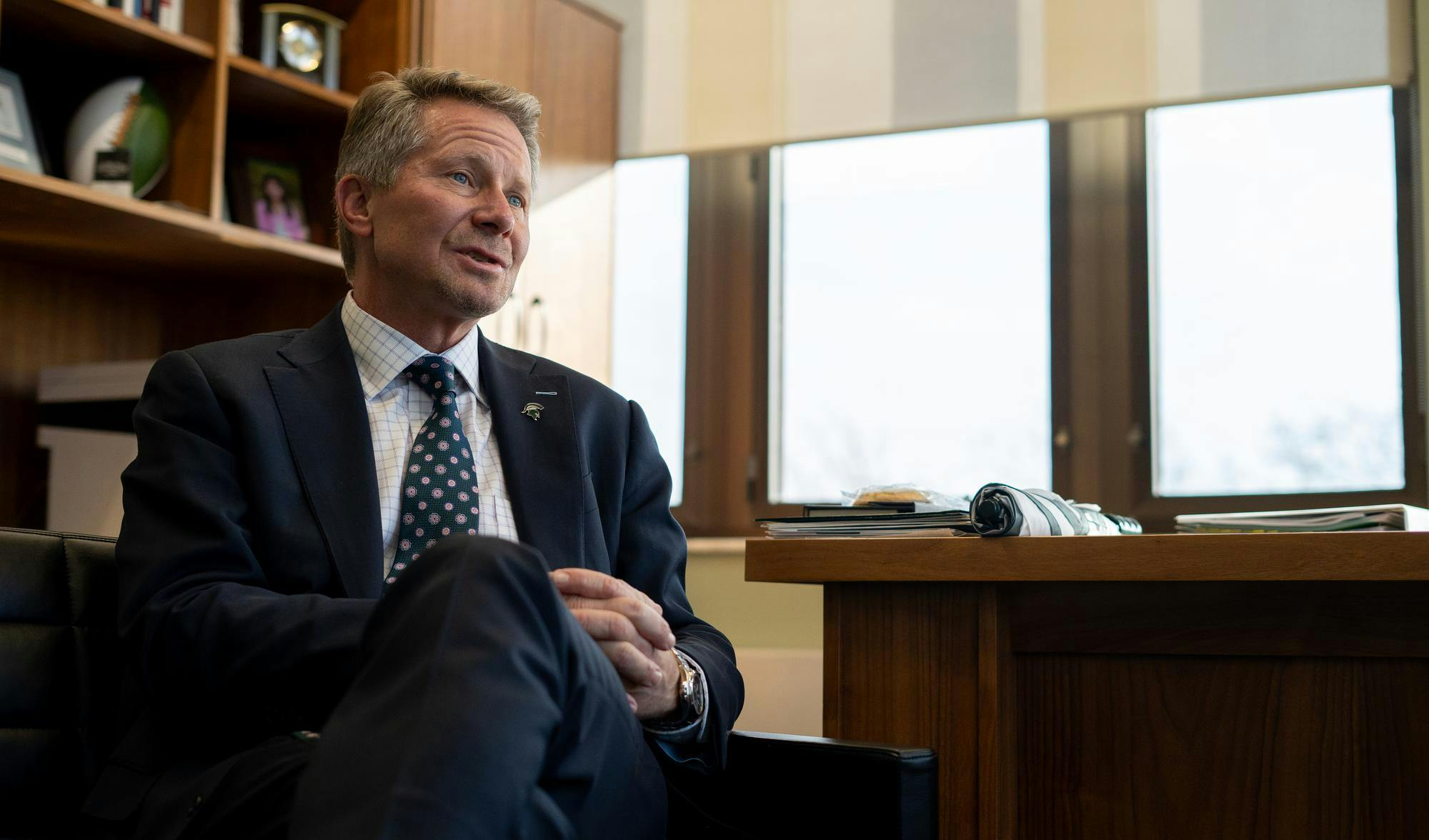 Michigan State University President Kevin Guskiewicz during an interview with The State News in his office at the Hannah Administration Building on March 12, 2024.