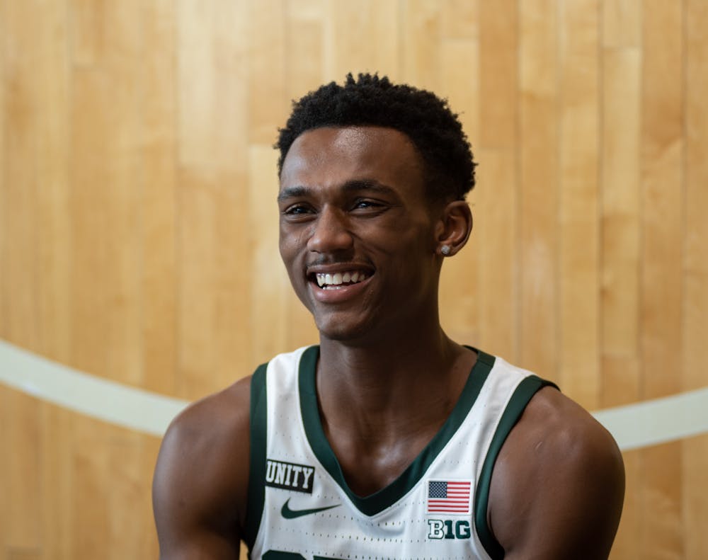 <p>Junior Tyson Walker interviews with reporters at the Michigan State Men&#x27;s Basketball Media Day at the Breslin Center on Oct. 20, 2021.</p>