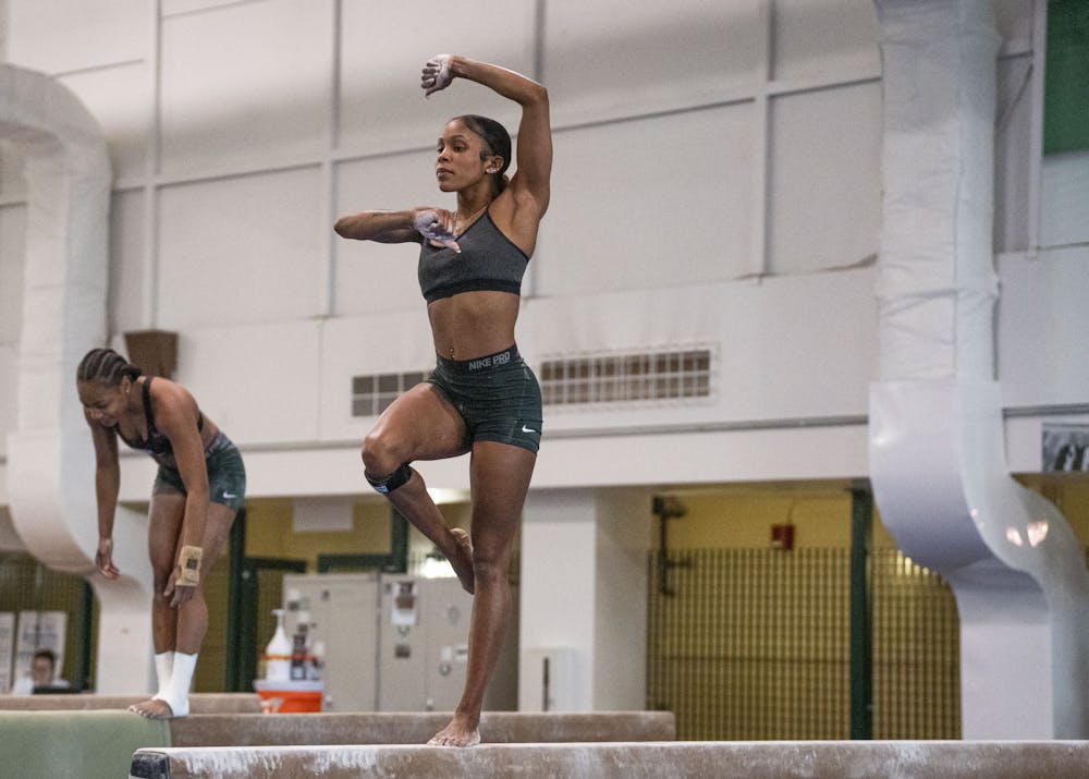 Freshman all-around competitor Nikki Smith at practice on Friday, March 24, 2023 - one week before the Spartans travel to Pittsburgh, Pa for the second round of the NCAA Regionals tournament. 