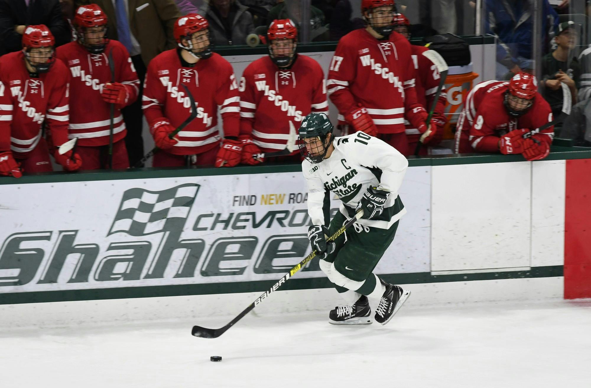 Senior Forward Sam Saliba (10) during the game against Wisconsin at the Munn Ice Arena on December 6, 2019. The Spartans defeated the Badgers 3-0.