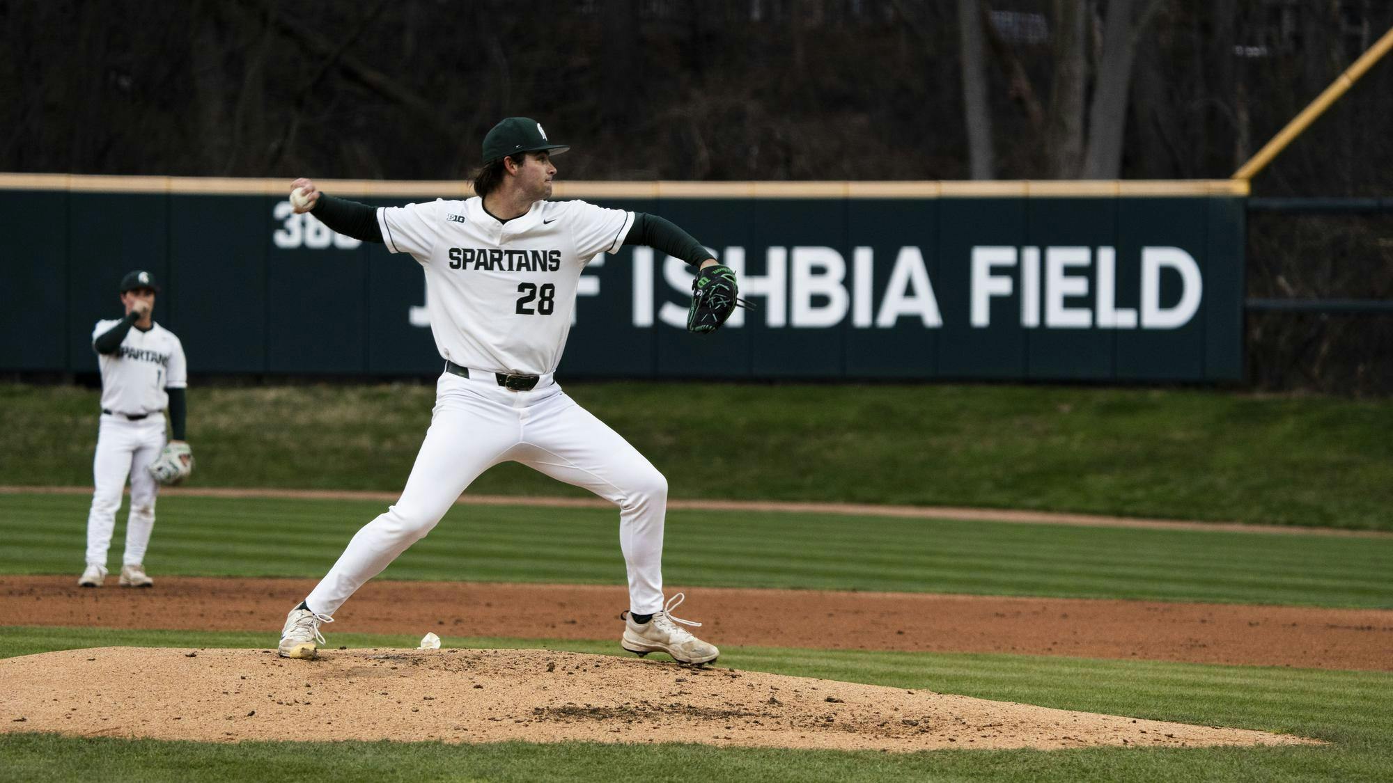 <p>MSU right-hand pitcher Aidan Donovan (28) pitches the ball at Jeff Ishbia Field, in East Lansing, Michigan on April 15, 2025.</p>