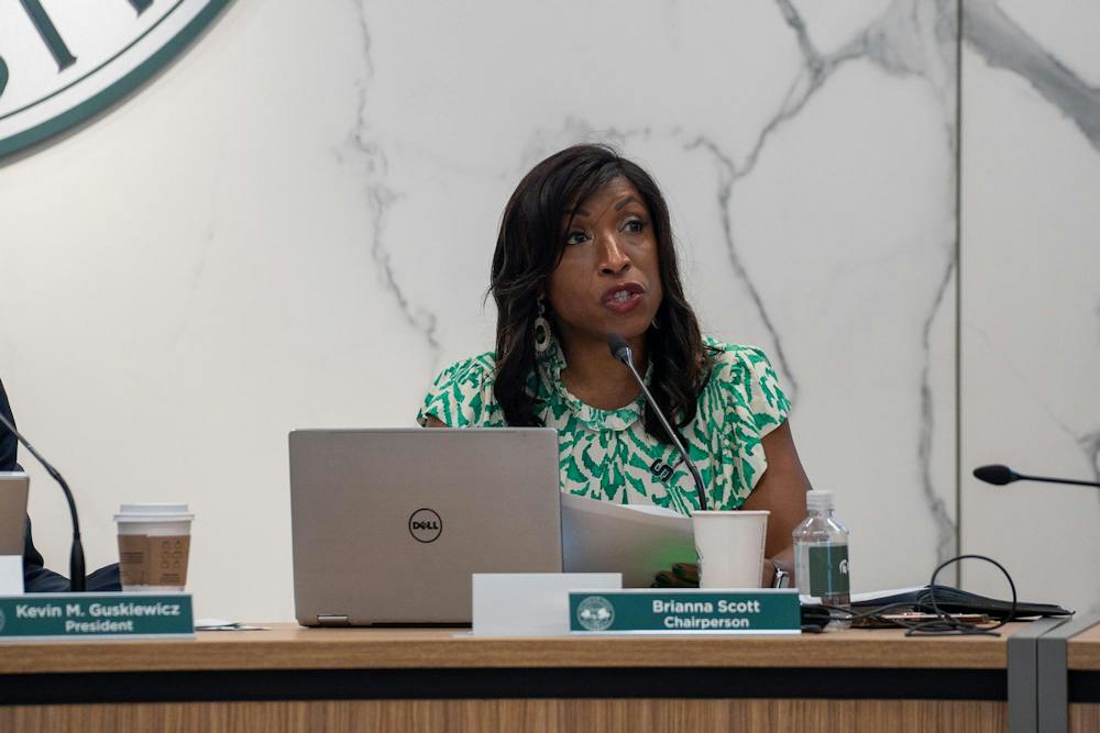 <p>MSU Chairperson Brianna Scott speaks during the MSU Board of Trustees meeting in East Lansing, Mich., on Sept. 11, 2026.</p>