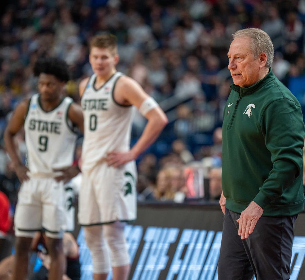 Head coach Tom Izzo watches his team play during the March Madness matchup against University of Louisville at the KeyBank Center in Buffalo, New York on March 21, 2026.