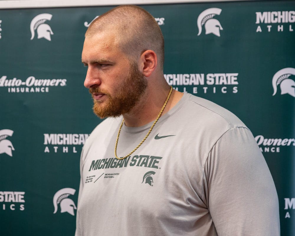 <p>Michigan State OL, Ben Murawski, answers questions during a press conference in the Skandalaris Football building in East Lansing, Mich., on Aug. 6, 2026.</p>