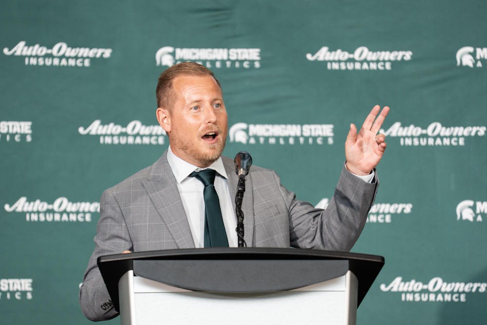 <p>Michigan State University's new vice president and athletic director, Dan Bartholomae, speaks at a press conference introducing him to the community at the Breslin Center in East Lansing, Mich., on Aug. 19, 2026.</p>