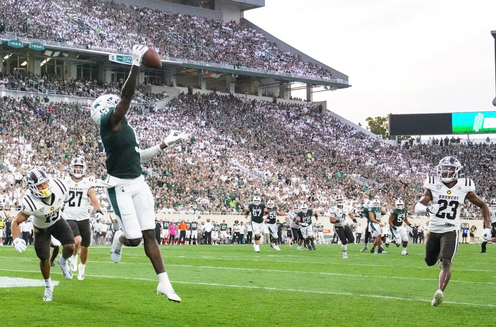 <p>Graduate student tight end Daniel Barker (9) makes a touchdown during the first half of MSU&#x27;s opening game against Western Michigan on Sept. 2, 2022. </p>
