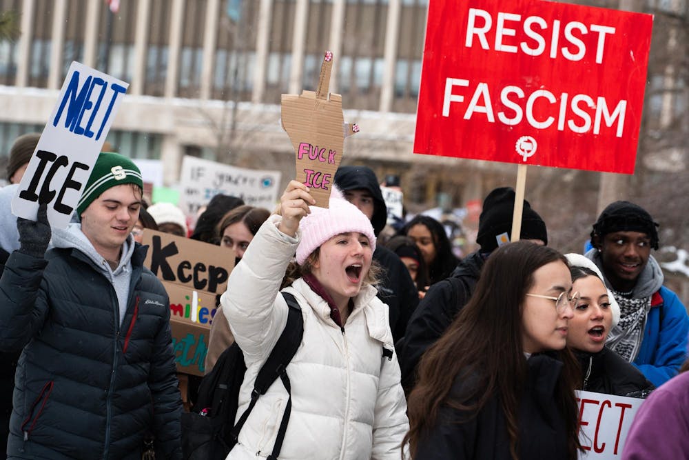 <p>Students gather to protest ICE at Michigan State's Hannah Administration Building in East Lansing, Michigan on Thursday, Jan. 29, 2026.</p>