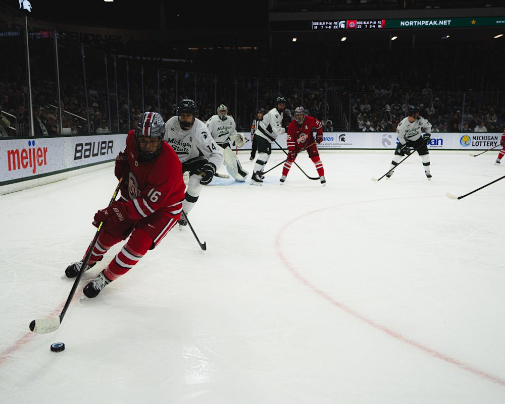<p>OSU junior defenseman Max Montes (16) carries the puck at the Munn Ice Arena in East Lansing, MI, on Feb. 27, 2026. MSU lost 5-1. </p>