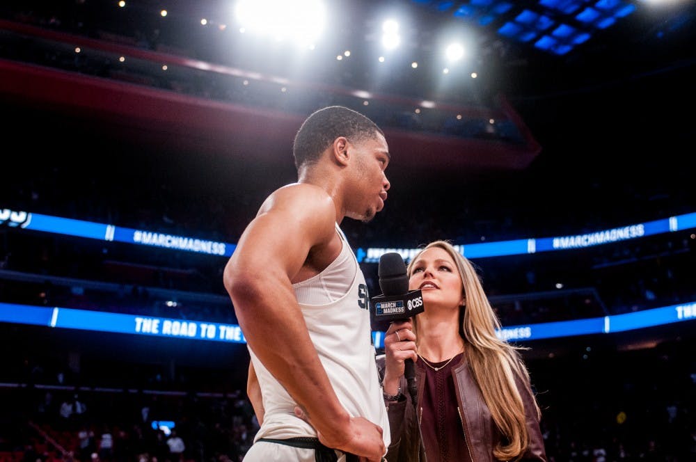 <p>Sophomore guard Miles Bridges (22) talks to the press after the first round of the NCAA tournament against Bucknell on March 16, 2018 at Little Caesars Arena in Detroit. The Spartans defeated the Bison 82-78.&nbsp;</p>