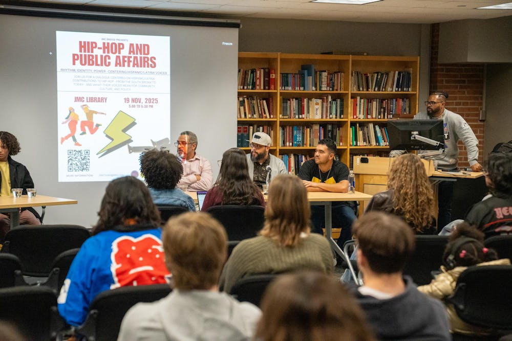 <p>Panelists speak during the Hip Hop and Public Affairs series highlighting Hispanic and Latinx voices in Case Hall, Wednesday, Nov. 19, 2025, in East Lansing, Mich.</p>