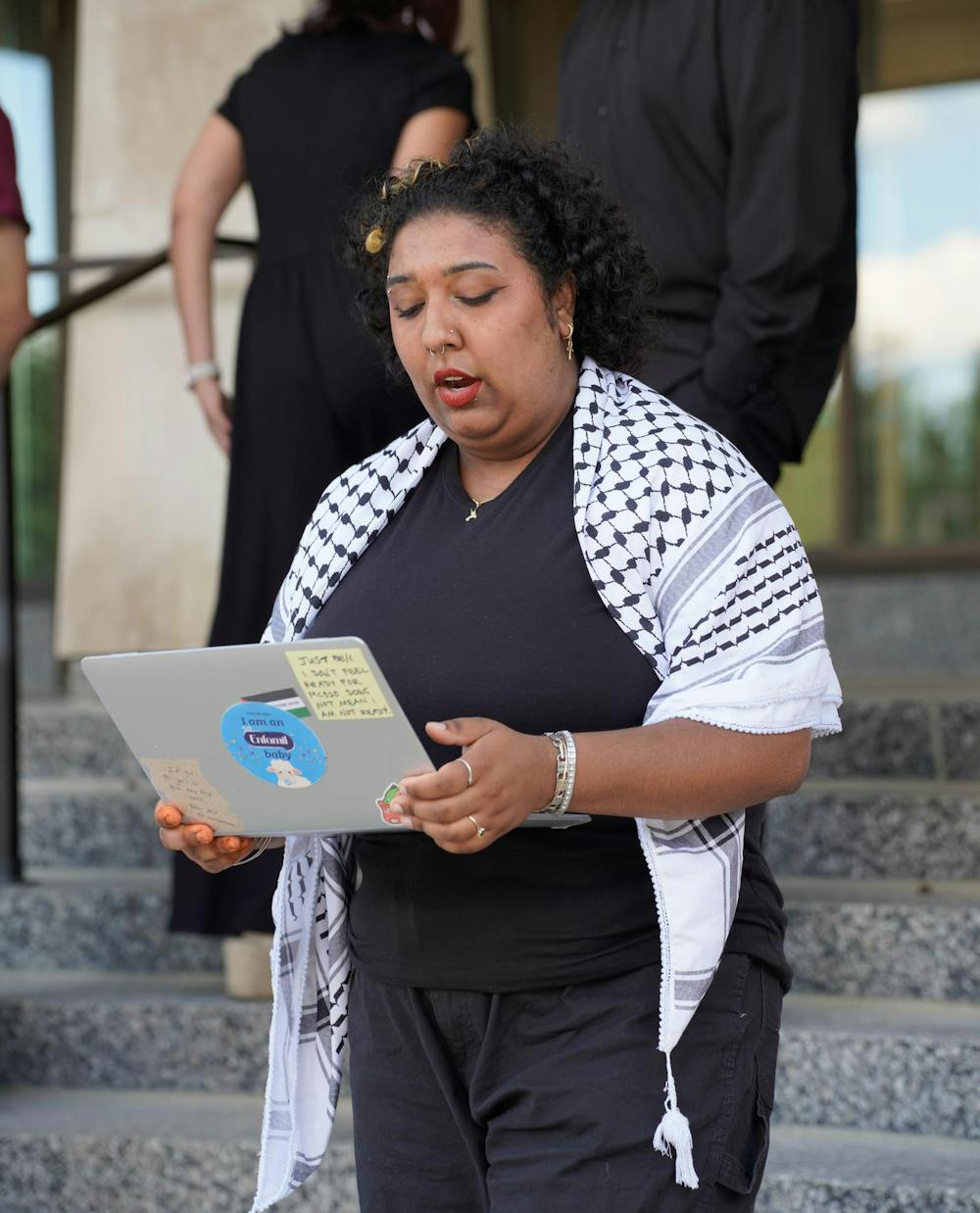 <p>Ateeyah Abdul-Wasi speaks about divestment at Hurriya Coalition press conference after meeting with university administration on June 24, 2024.</p>