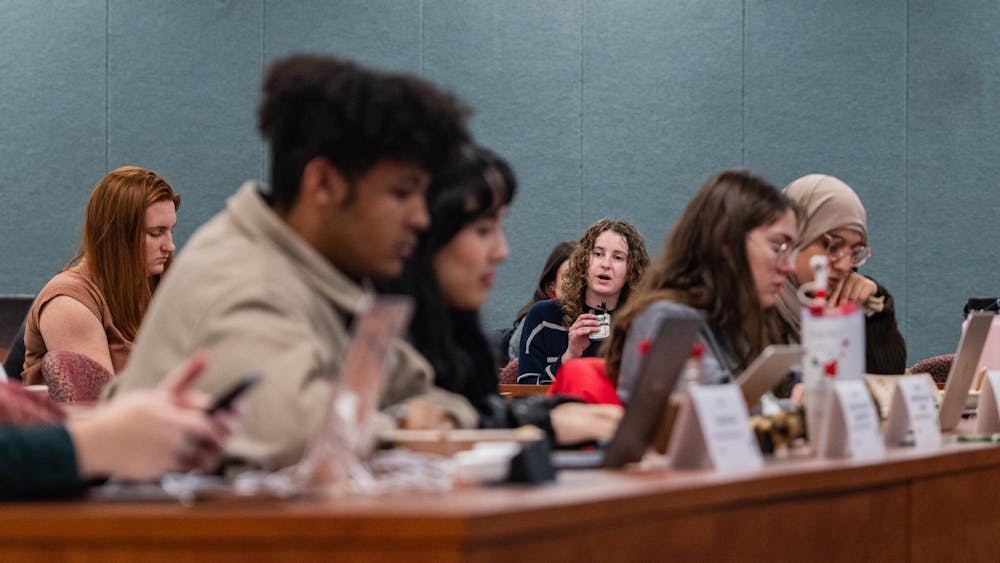 <p>Sonya Koenig, Circular Economy Institute representative introduces bill at the Associated Students of Michigan State University's last General Assembly meeting of the year on Dec. 5, 2024 at International Center.</p>