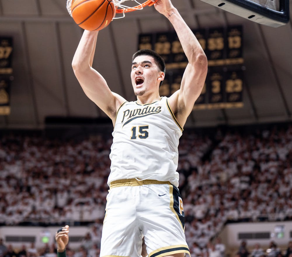 <p>Purdue's junior center Zach Edey (15) dunks the ball during a game against MSU at Mackey Arena on Jan. 29, 2023. The Spartans lost to the Boilermakers 77-61.</p>