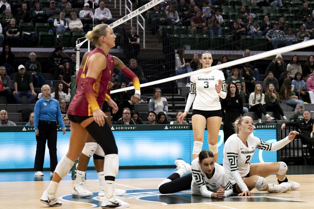Michigan State players react as they fail to defend the ball during the volleyball match against USC at the Breslin Center on Wednesday, Nov. 26, 2025.