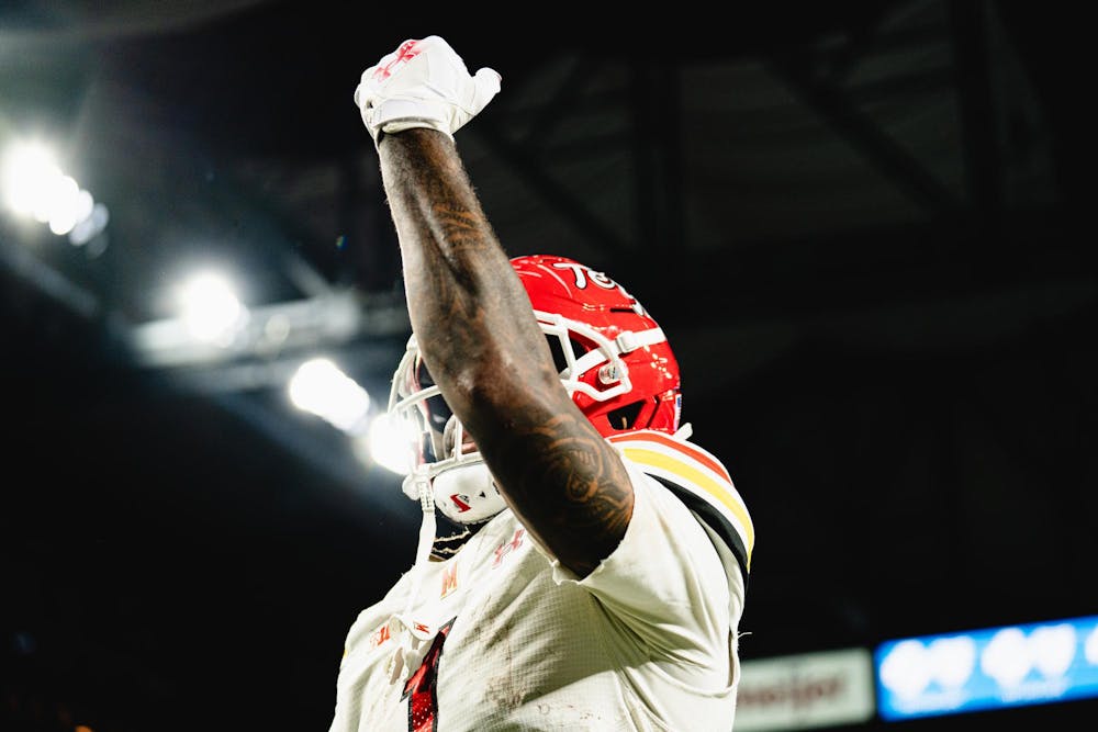 <p>Maryland senior wide receiver Jalil Farooq (1) celebrates after a touchdown at the Ford Field Stadium in Detroit, MI on Nov. 29, 2025.</p>