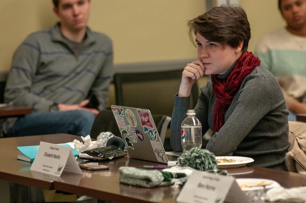 ASMSU College of Music Representative Elizabeth Medlin gives their opinion during an ASMSU General Assembly meeting on Feb, 1, 2019.