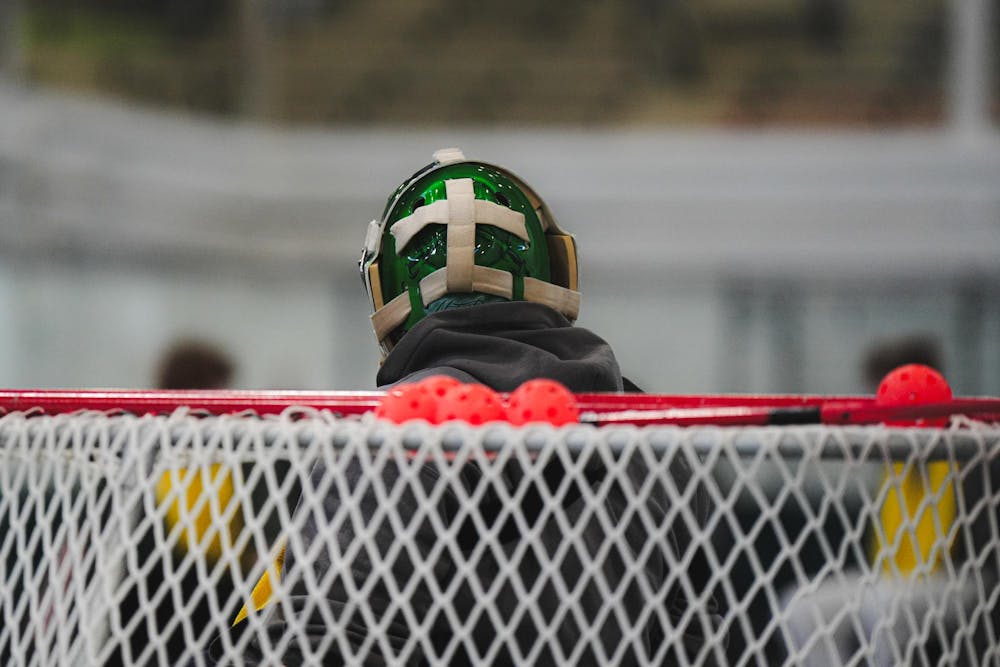 A participant plays goalkeeper at Demonstration Hall in East Lansing, MI on Feb. 8, 2026
