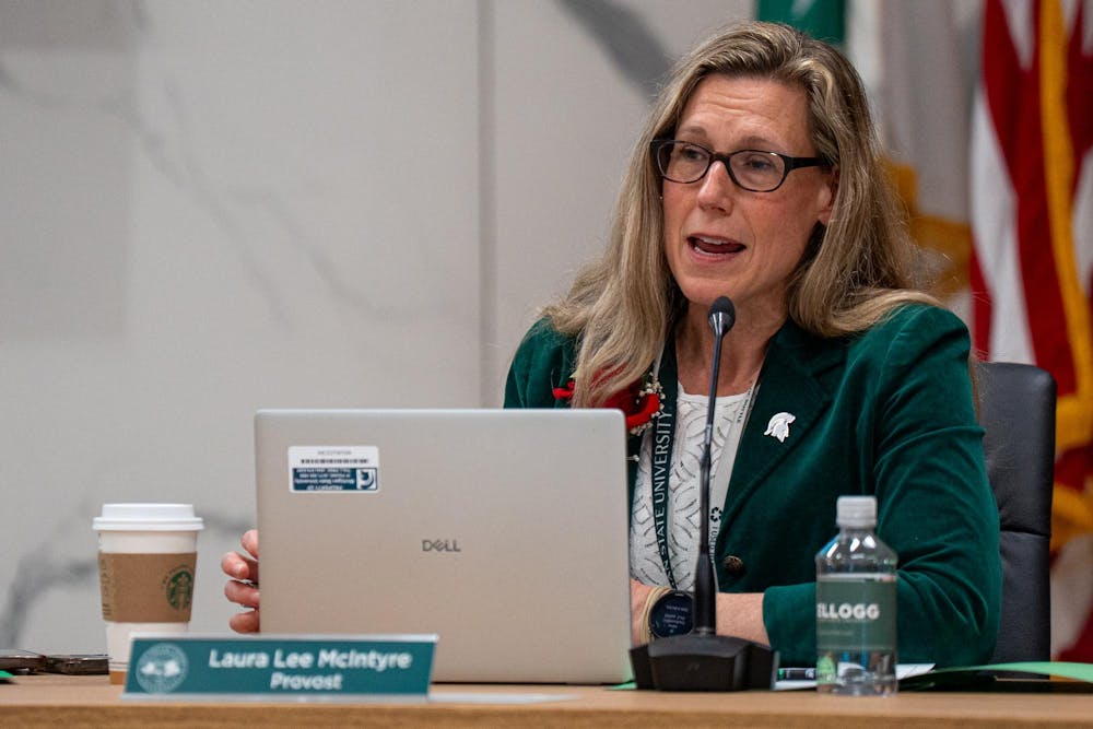Michigan State University Provost Laura Lee McIntyre addresses the Board of Trustees regarding the merging of the College of Human Medicine and College of Osteopathic Medicine at Hannah Administration Building in East Lansing, Michigan on Friday, April 10, 2026.